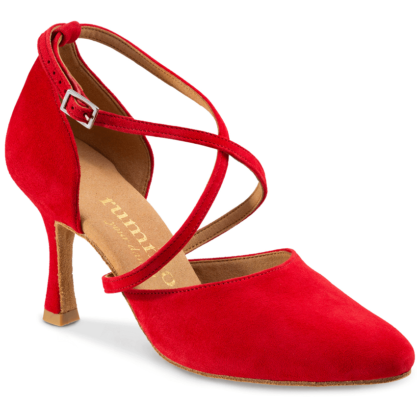 Elegant red Rummos R329 028 dance shoe with cross straps and a stylish heel, perfect for tango and salsa dancing.