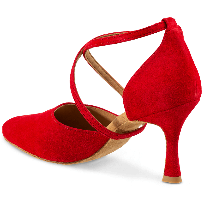 Elegant red nubuck dance shoe with a classic closed toe and crisscross strap, perfect for tango and salsa.