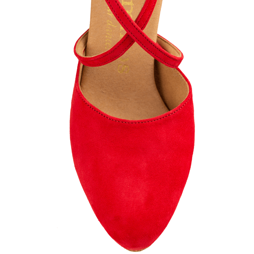 Elegante rood nubuck dansschoen met dubbele bandjes voor tango en salsa, gesloten ronde neus.