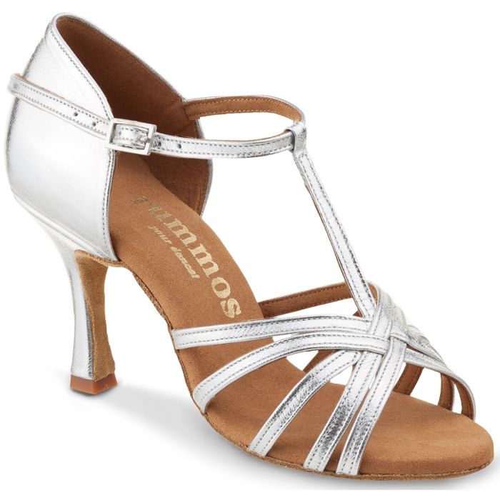 Rummos R331 silver T-strap Latin dance shoe with soft suede and balanced heel for ultimate stability and comfort.