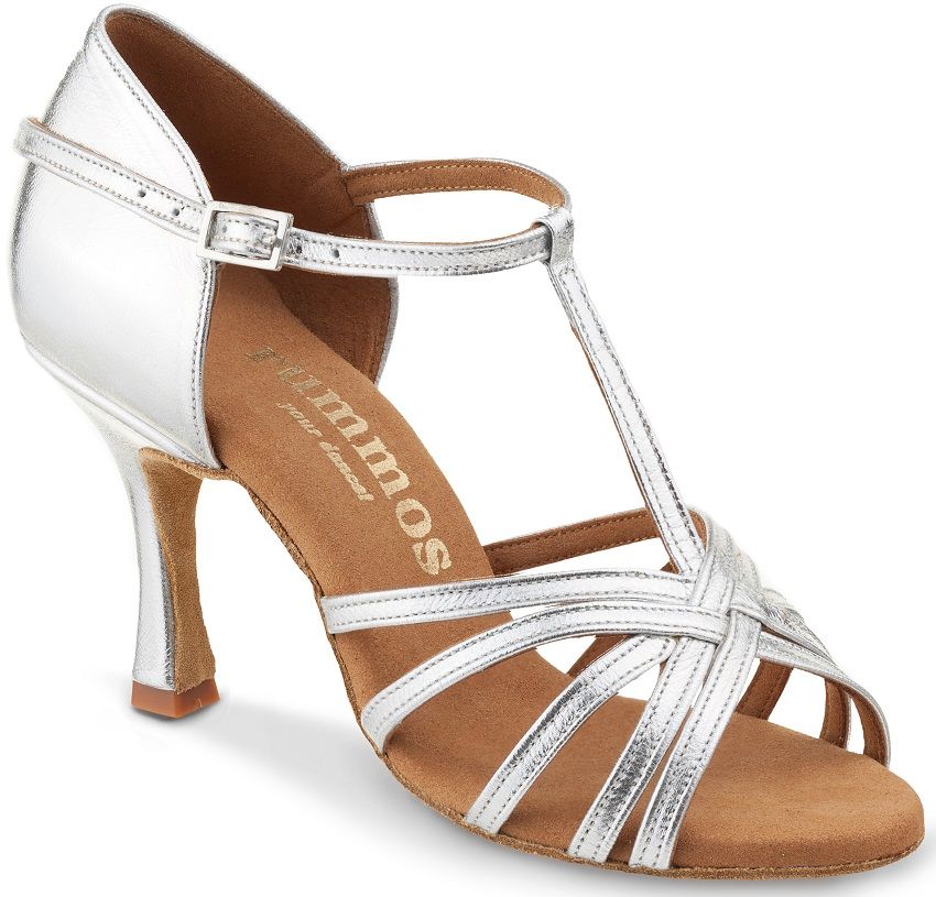 Rummos R331 silver T-strap dance shoe with heel, offering excellent foot support and flexibility for Latin dancing.