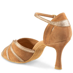 Rummos R367 dance shoes in soft brown suede with gold accents, featuring a stylish heel and secure ankle strap.