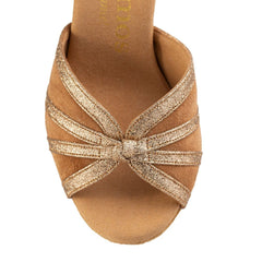 Rummos R367 stylish gold-strapped dance shoe, featuring soft suede and flexible cork for comfort and stability.