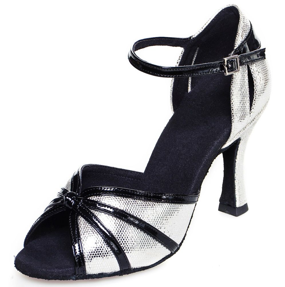 Elegant silver and black dance shoe with adjustable ankle strap, perfect for dancers seeking style and comfort.