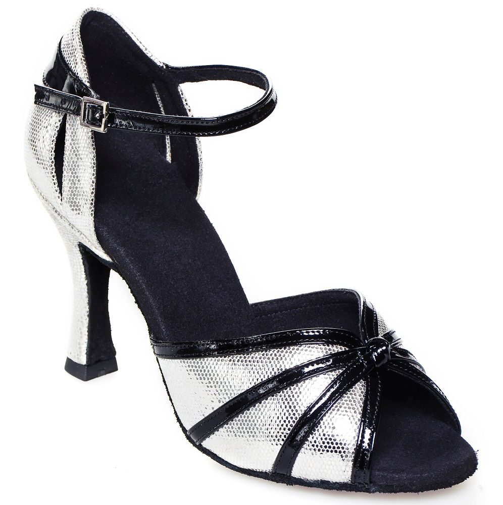 Elegant silver and black dance shoe with adjustable ankle strap and stylish V-cut design for dancers.