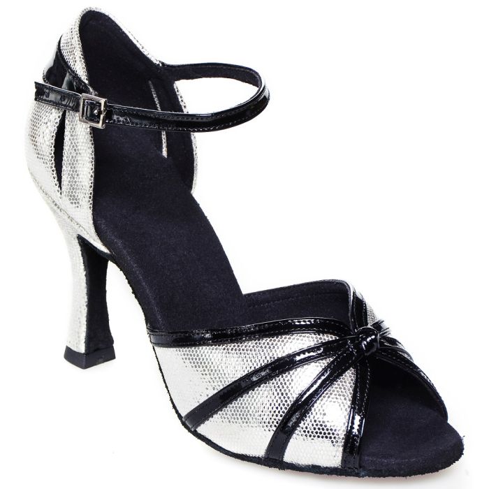 Elegant silver and black Rummos R367 069-035 dance shoe with adjustable strap and V-cut design.