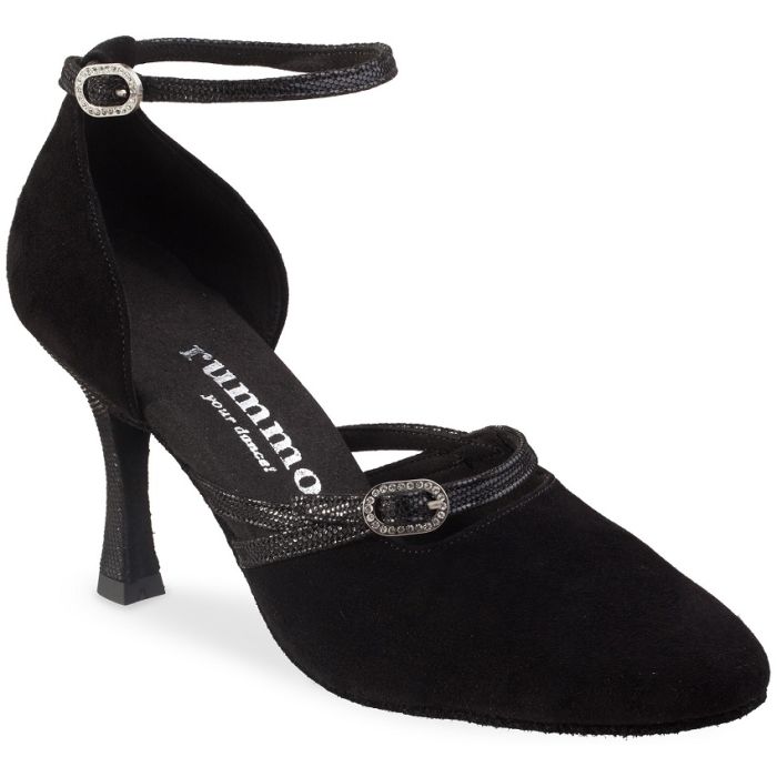 Rummo R375 black suede dance shoe with ankle strap, elegant design, and balanced heel for stability and comfort.