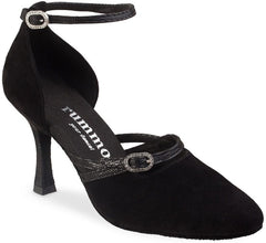 Rummo R375 elegant black dance shoe with suede sole, stylish ankle strap, and balanced heel for optimal support and comfort.