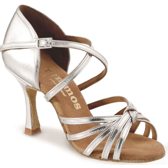 Rummos R380 009 silver dance shoe with soft leather, double cushioning, and optimal stability for Latin dance styles.