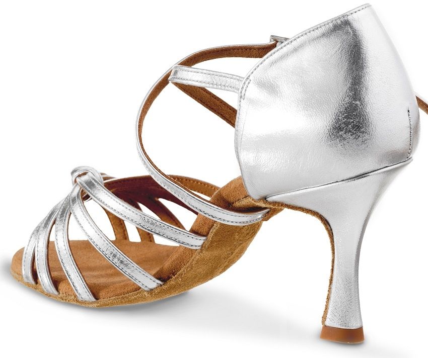 Rummos R380 009 silver dance shoe showcasing elegant design, comfort, and stability for Latin dance styles.