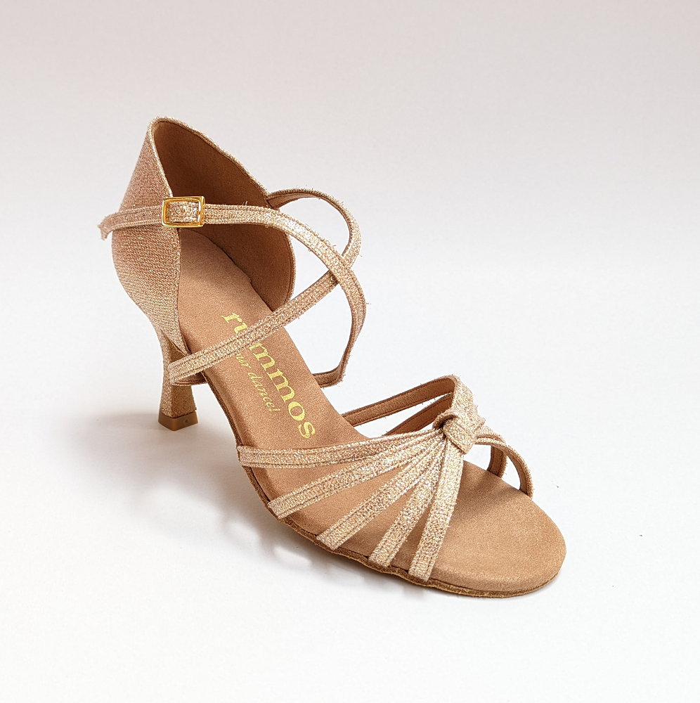 Rummos R380 708 dance shoe in gold satin with a 6 cm heel and elegant strap design for exceptional comfort and support.