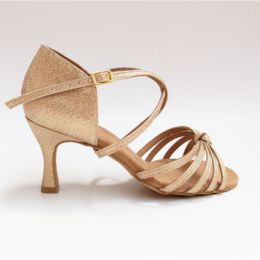 Elegant gold satin dance shoe with cross straps and 6 cm heel, ideal for Latin dancing, showcasing Rummos craftsmanship.