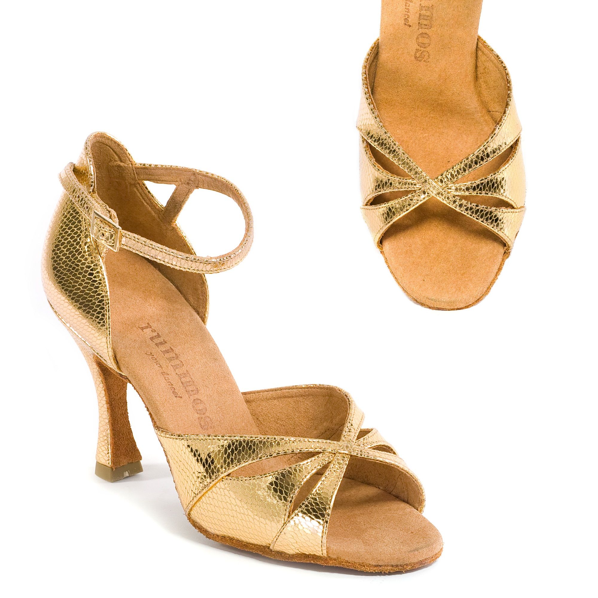 Gold Rummos R385 050 salsa dancing sandals with a stylish crisscross design and supportive heel.