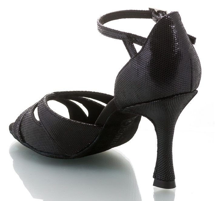 Stylish black Rummos R385 061 Latin dance shoe with elegant ankle strap and balanced heel for comfort and support.