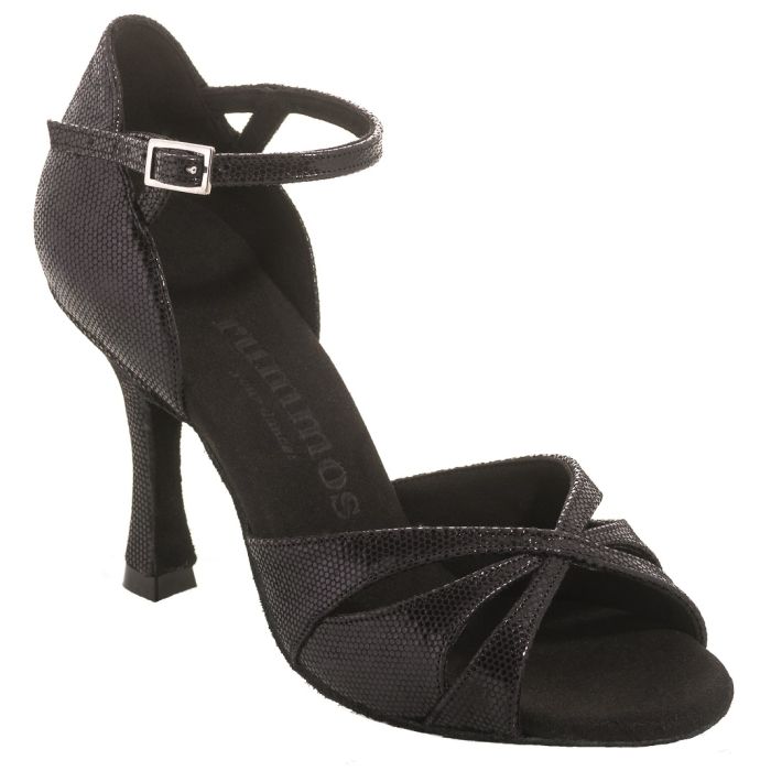 Rummos R385 061 black Latin dance shoe with ankle strap, ideal for Salsa, Tango, and Kizomba, featuring elegant design and comfort.