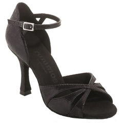 Rummos R385 061 black Latin dance shoe with ankle strap, ideal for Salsa, Tango, and Kizomba, featuring elegant design and comfort.