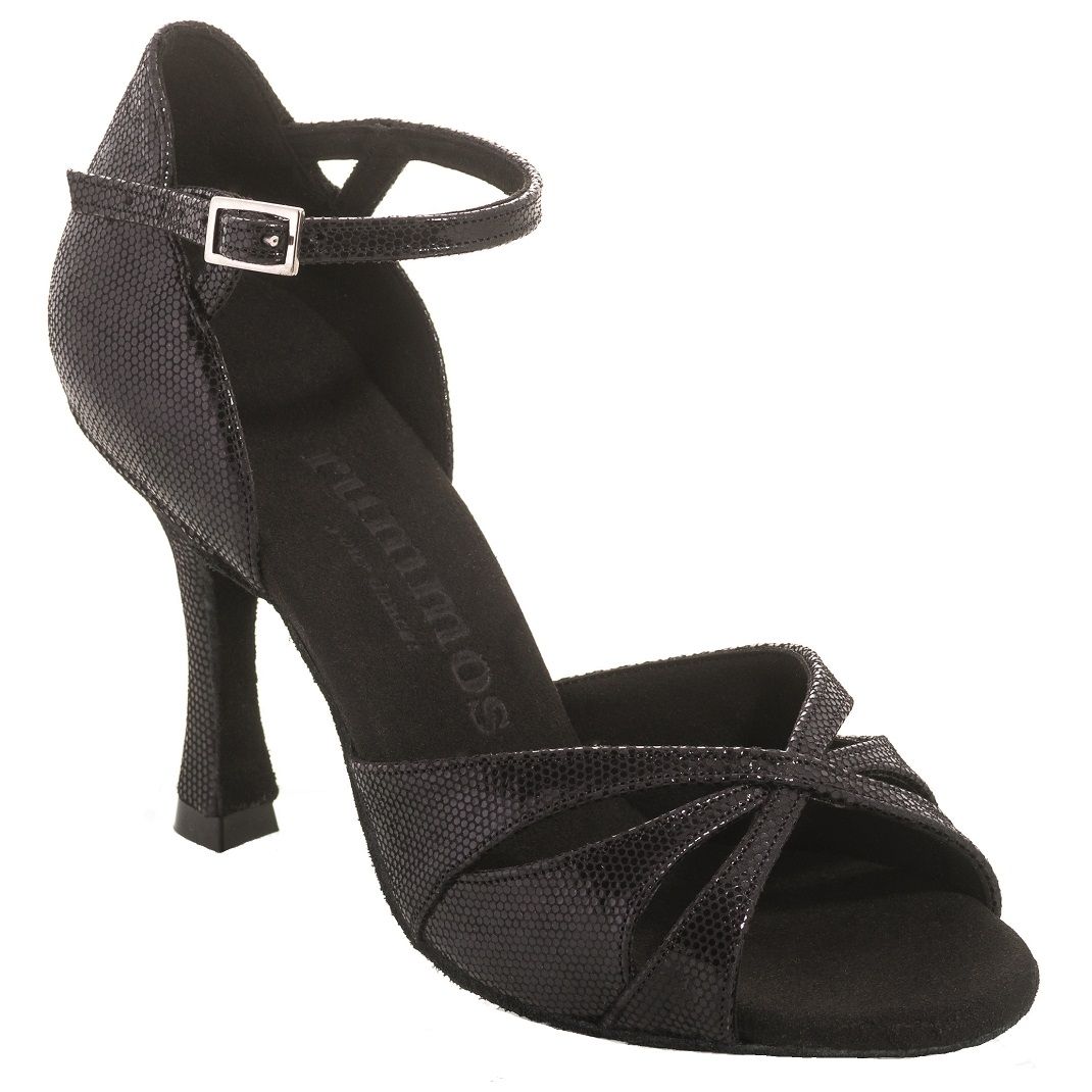 Rummos R385 061 black Latin dance shoe, ideal for Salsa, Tango, and Kizomba, featuring elegant design and comfortable fit.