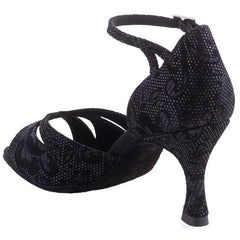 Rummos R385 111 black Latin dance shoe with elegant design, ankle strap, and perfectly balanced heel for comfort.