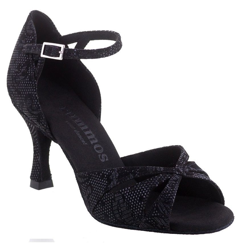 Rummos R385 111 black Latin dance shoe with ankle strap, ideal for salsa and tango, featuring elegant design and stable heel.