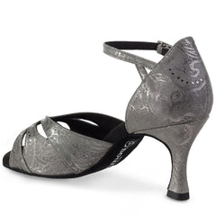 Rummos R385 738 Latin dance shoe in soft dark grey fantasy leather, featuring ankle strap and stylish heel for comfort and support.