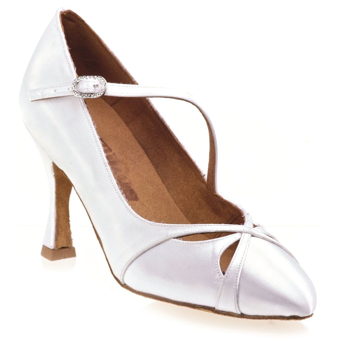 Rummos R397 silver dance shoe with adjustable strap, strass buckle, and suede sole for comfort and style.