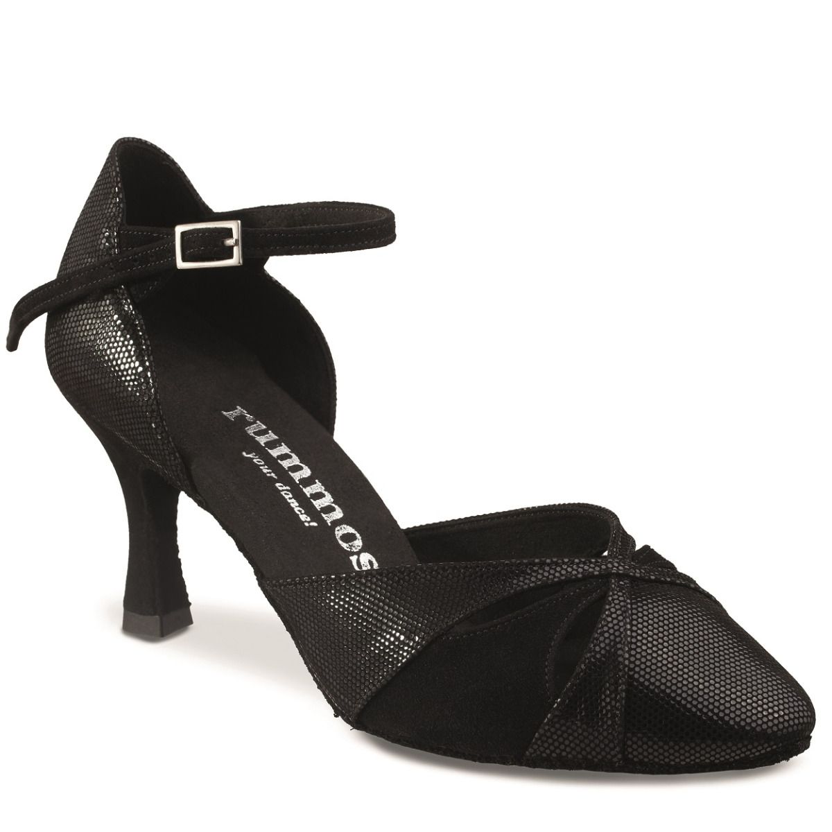 Elegant black Rummos R405 dance shoe with a closed front and comfortable heel, perfect for stylish performance.