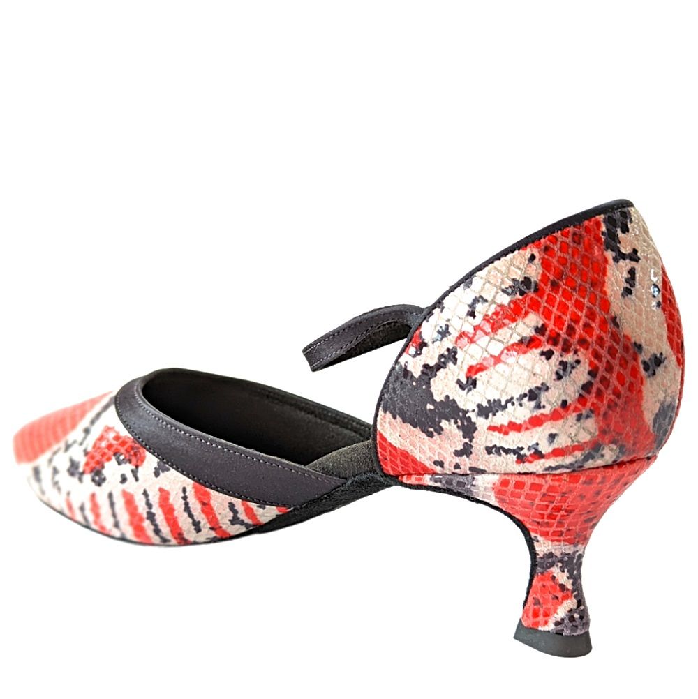 Rummos R407 elegant closed back shoe in vibrant red and black snake print with a stylish heel.