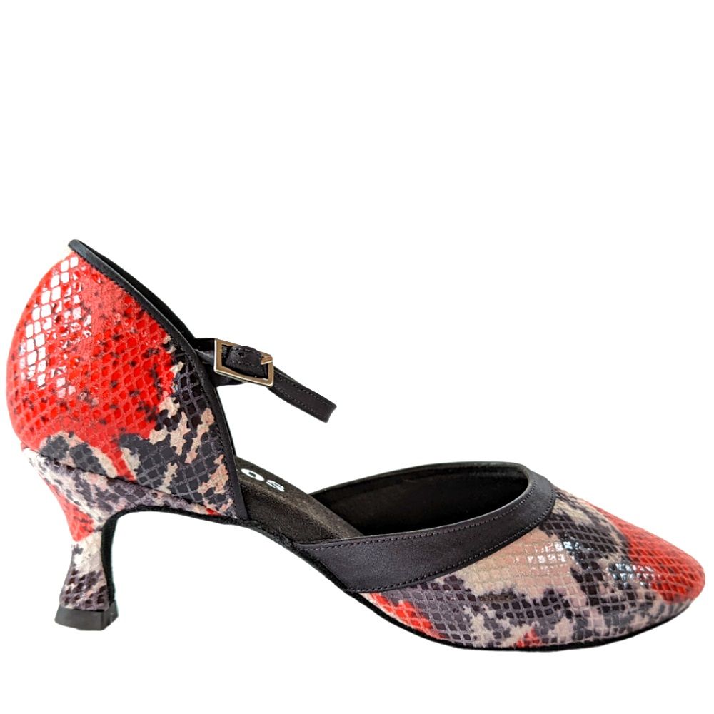 Rummos R407 elegant closed toe dance shoe in red and black snake print with a comfortable heel and flexible insole.