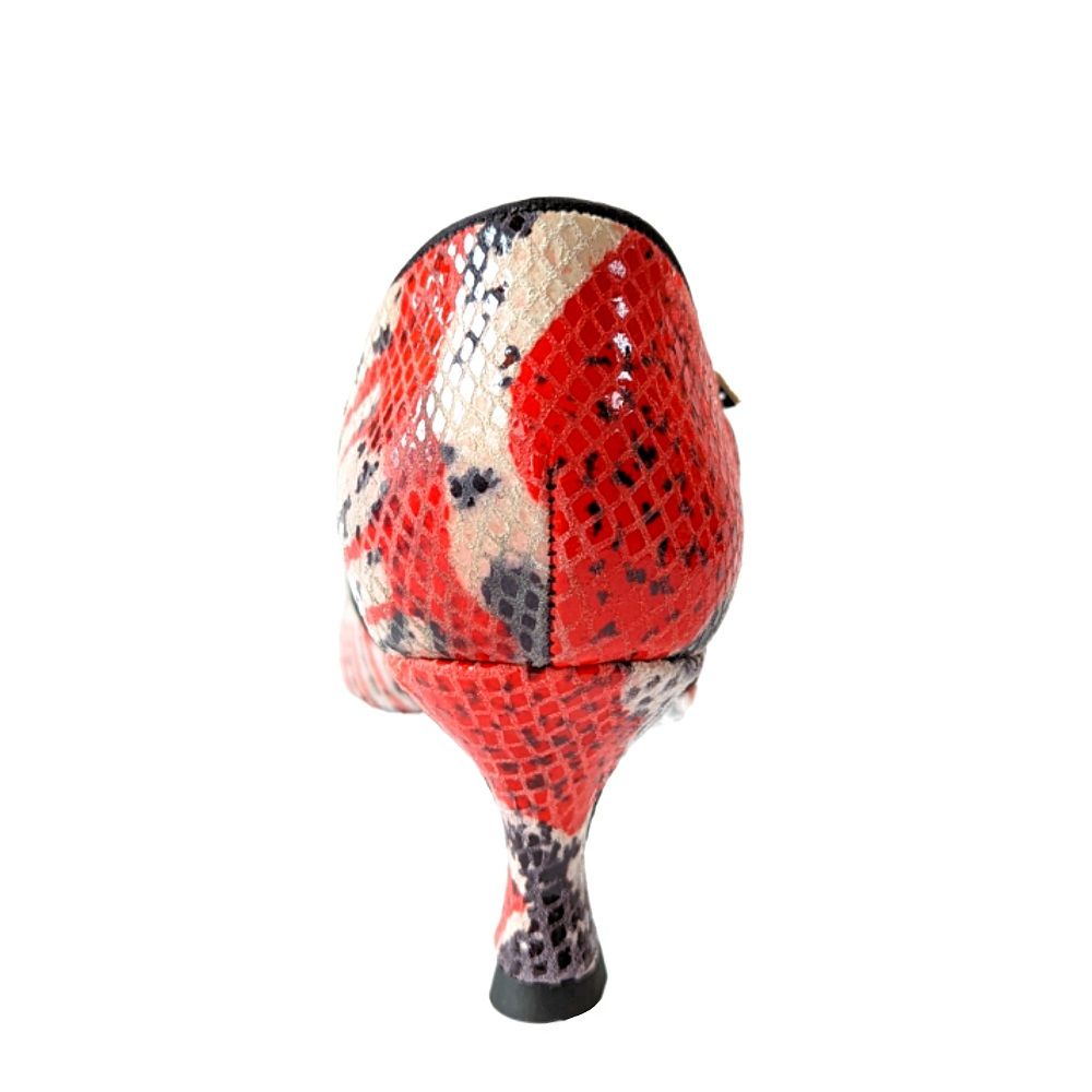 Red and patterned high heel shoe showcasing chic design and comfortable fit for stylish dance events.