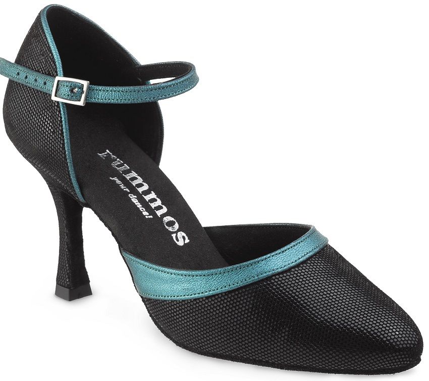 Rummos R407 061-145 elegant black dance shoe with teal accents and comfortable inner sole for stability and style.