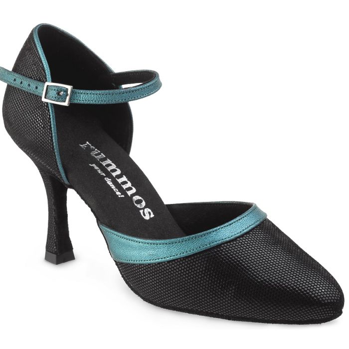 Rummos R407 061-145 black and teal elegant dance shoe with a closed front and slender heel, designed for comfort and style.