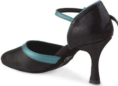 Elegant black and turquoise dance shoe with a closed design and comfortable heel for optimal stability.