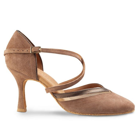 Elegant Rummos R450 dance shoe in brown suede with a closed front and ankle strap for stability and style.