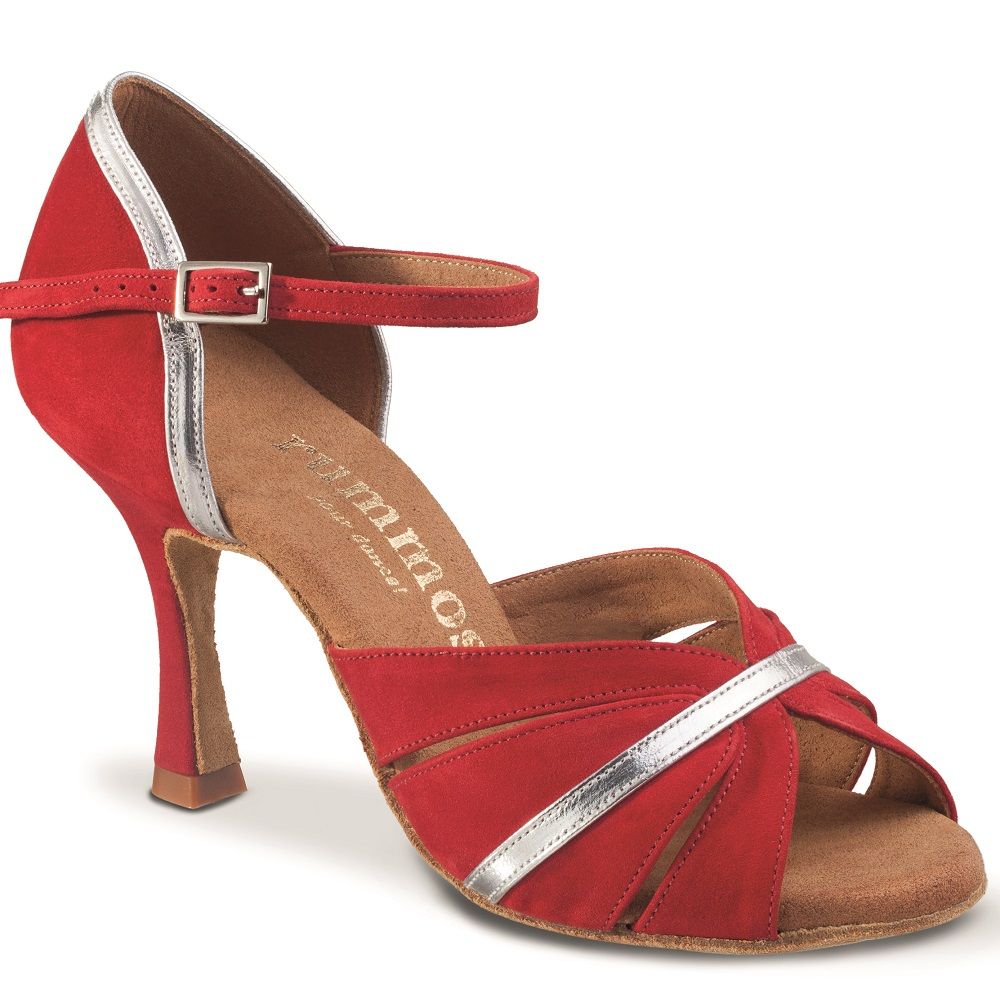 Rummos R505 red Latin dance shoe with silver accents, featuring ankle strap and stylish design for optimal performance.