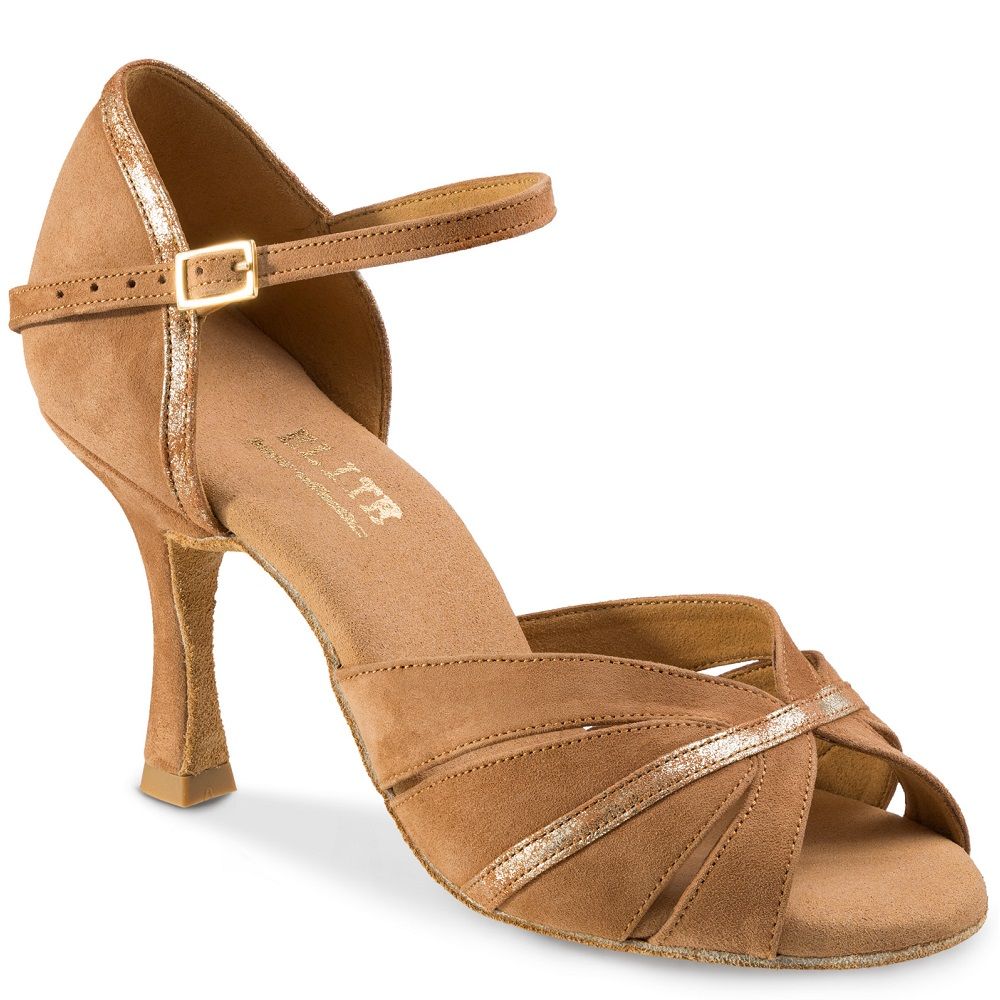 Rummos R505 Latin sandal in tan nubuck leather with ankle strap and stylish design, ideal for salsa dancing.