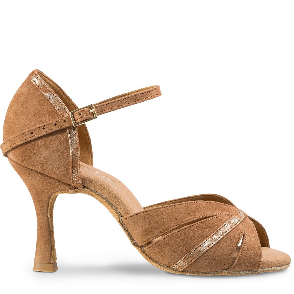 Rummos R505 Latin dance sandal in tan suede with metallic accents, featuring ankle strap and comfortable heel.