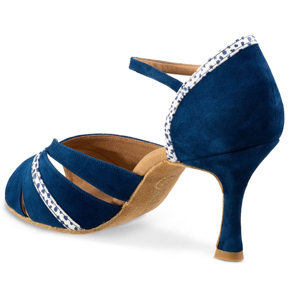 Rummos R505 Latin dance sandal in navy blue nubuck leather with ankle strap and elegant heel.