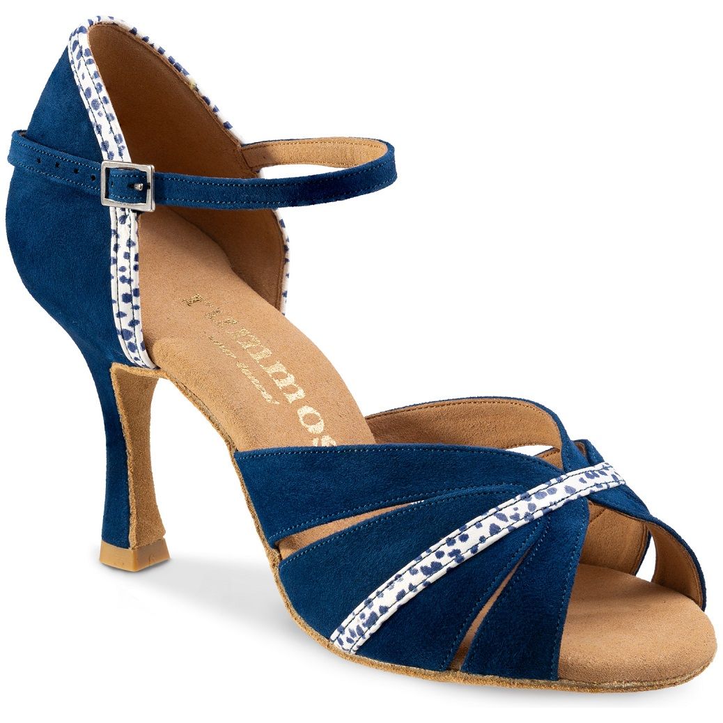 Rummos R505 Latin dance shoe in blue nubuck leather, featuring ankle strap and cushioned sole for comfort and support.