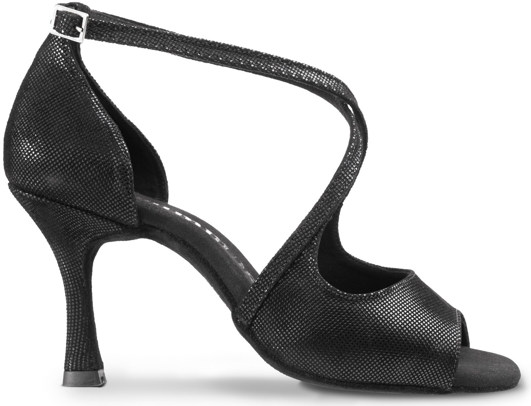 Elegant black Latin dance shoe with cross strap, perfect for Salsa, Tango, and Bachata. Features double cushioning for comfort.