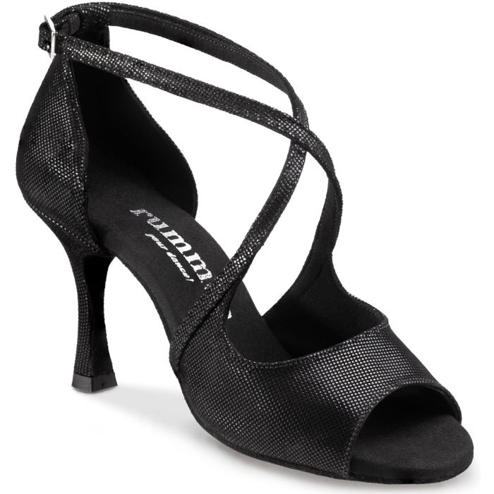 Rummos R545 Latin dance shoe with stylish crisscross straps, perfect for Salsa and Tango, featuring GlitterLux material.