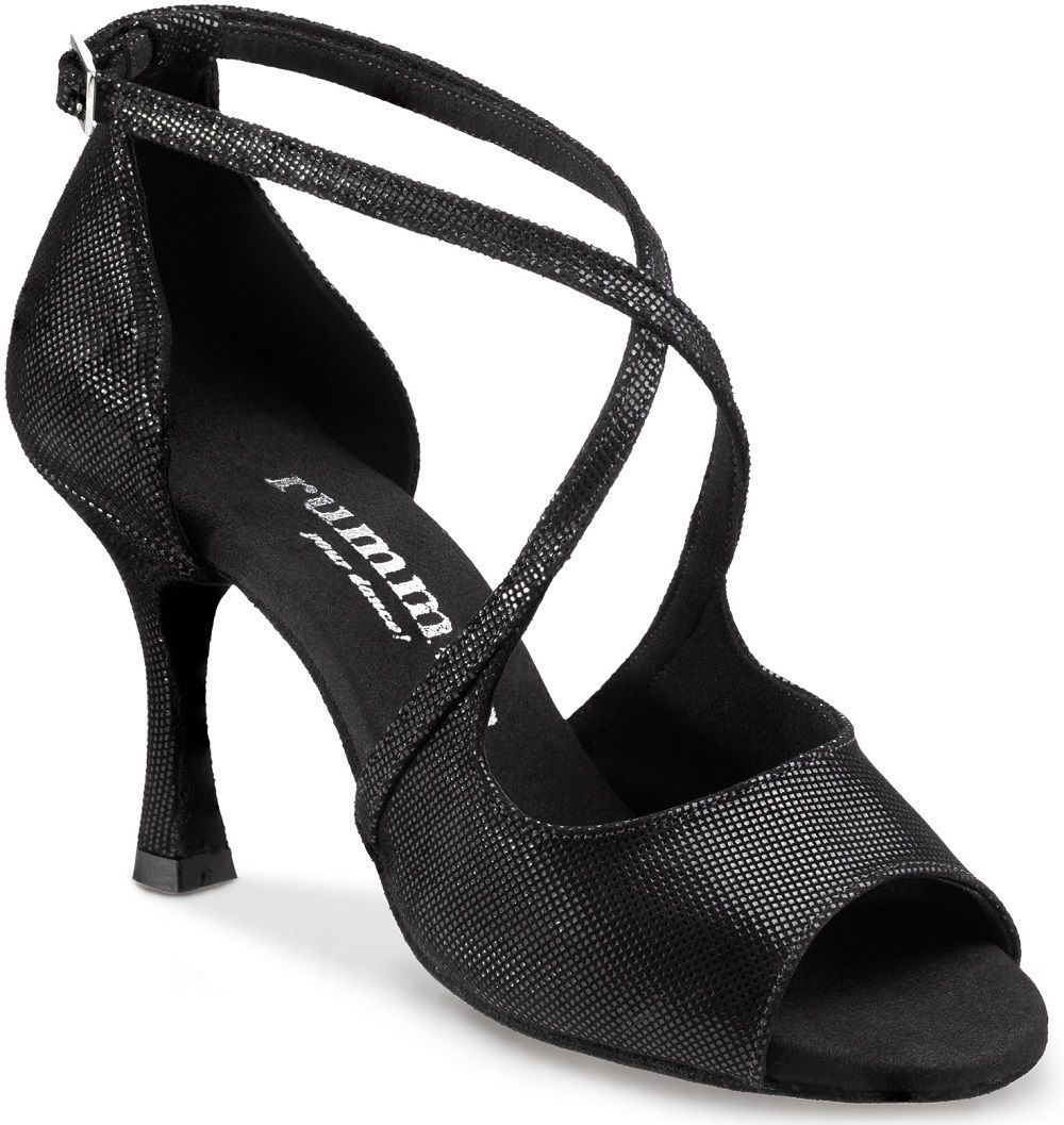 Elegant Rummos R545 Latin dance shoe in black with glitter finish, perfect for Salsa and Tango dancing, offering comfort and support.