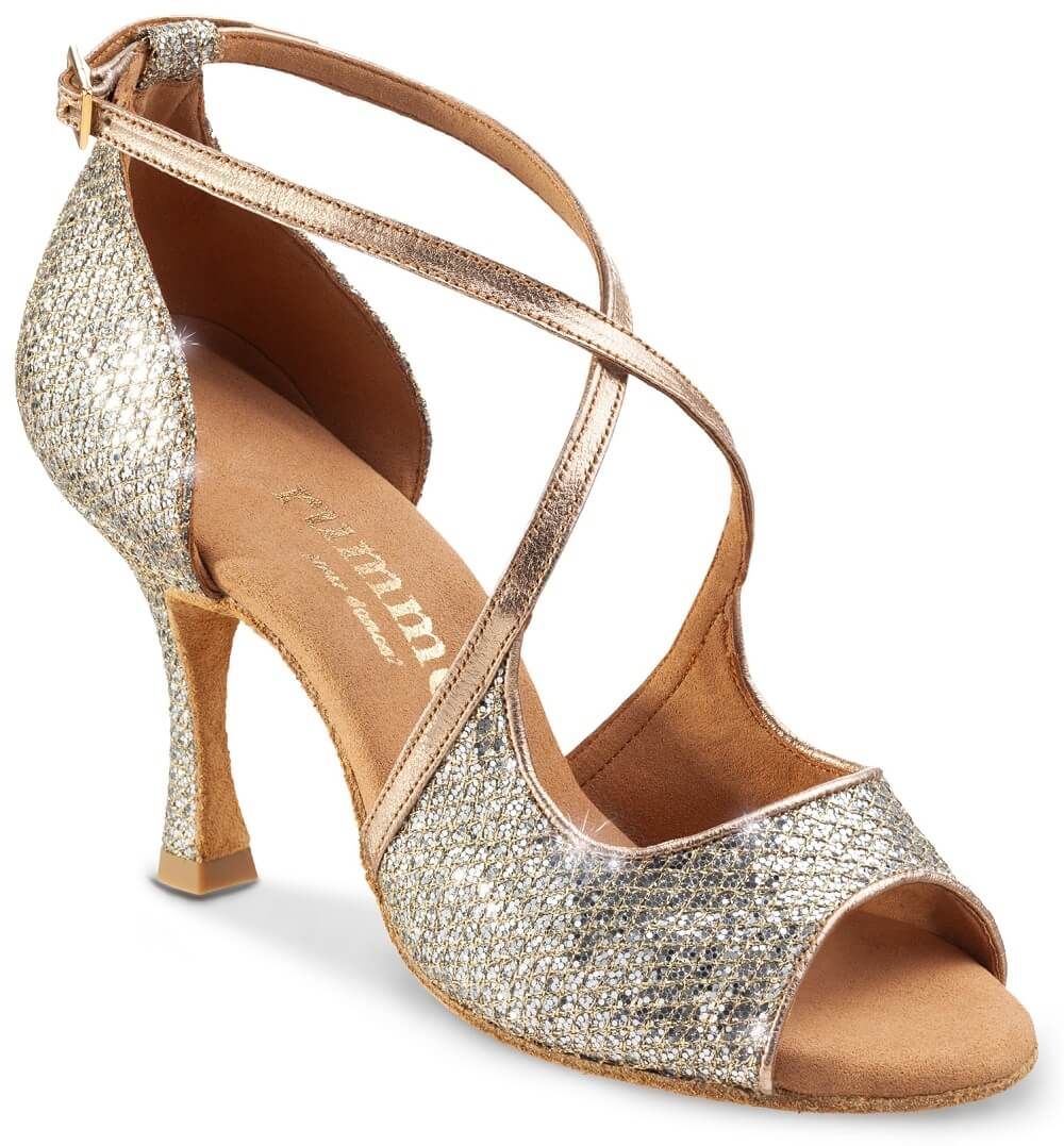 Beautiful Rummos R545 Latin dance shoe in GlitterLux Platinum, perfect for Salsa, Tango, and Bachata dancing.