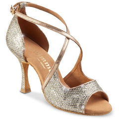 Beautiful Rummos R545 Latin dance shoe in soft GlitterLux Platinum with supportive heel and flexible design for comfort.