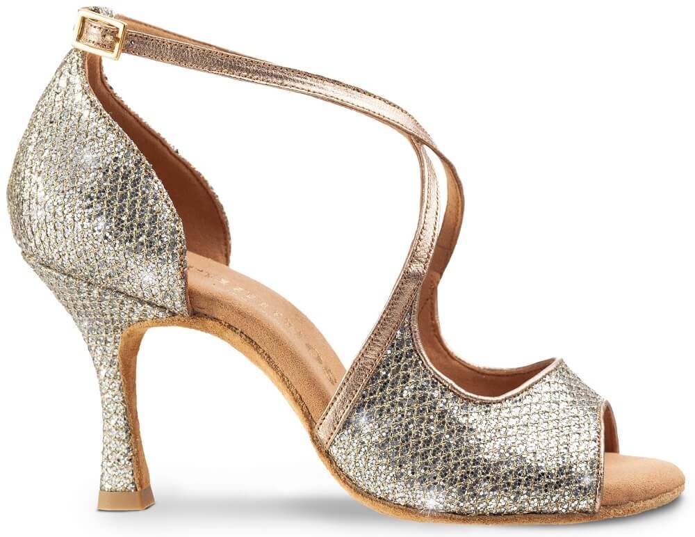 Beautiful Rummos R545 Latin dance shoe in soft GlitterLux Platinium, ideal for Salsa, Tango, and Bachata.