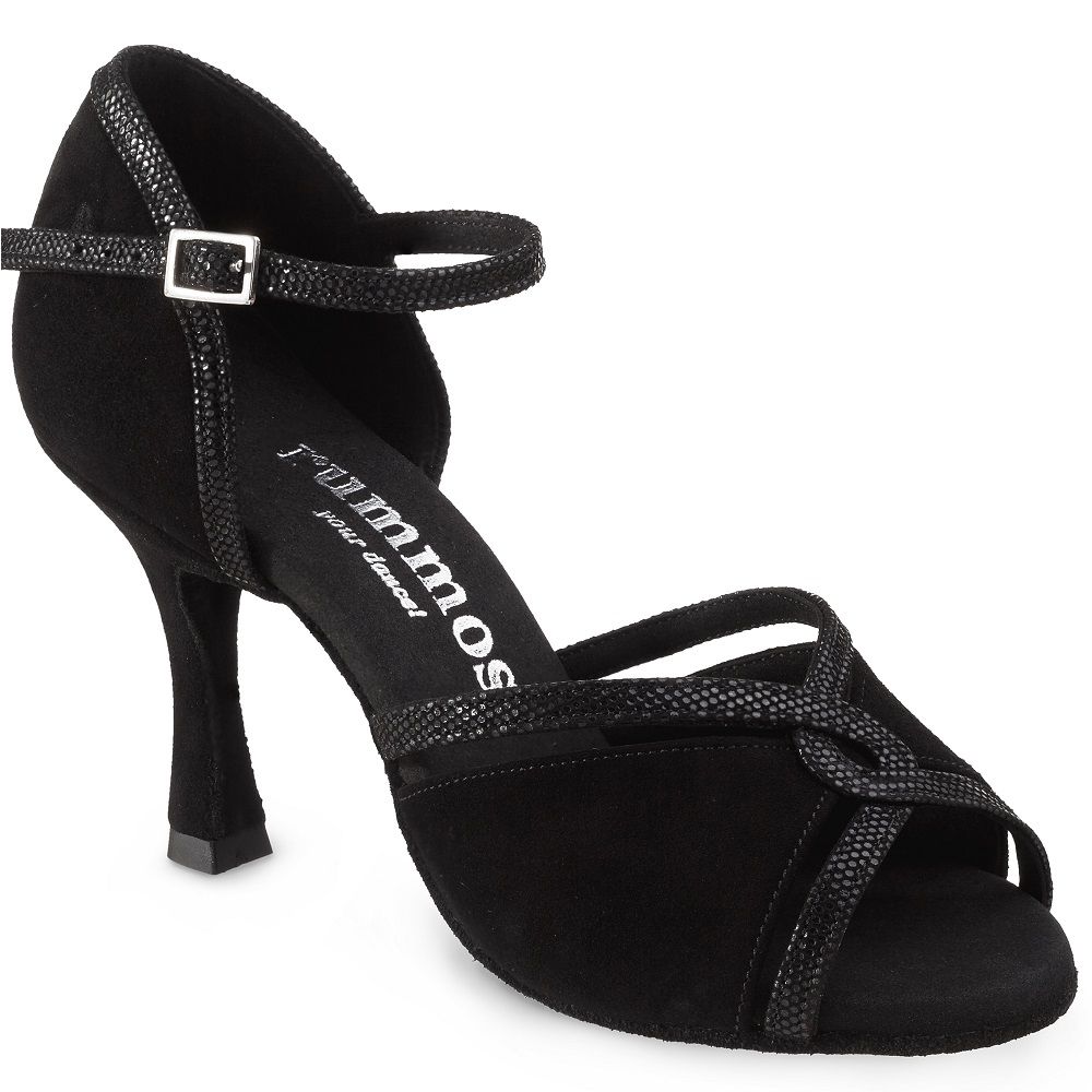 Stylish Rummos R550 black dance sandal, offering comfort and support for Tango, Salsa, and social dancing.