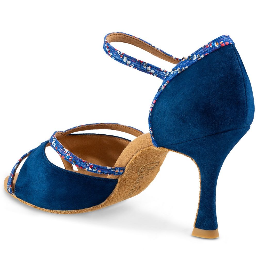 Rummos R550 blue sandal with elegant design, supportive heel, and colorful strapping for dance comfort and stability.