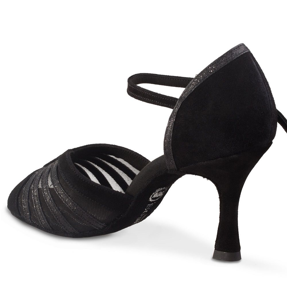 Black R563 dance shoe with soft net, double cushioning, and balanced heel for comfort and flexibility in tango and salsa.