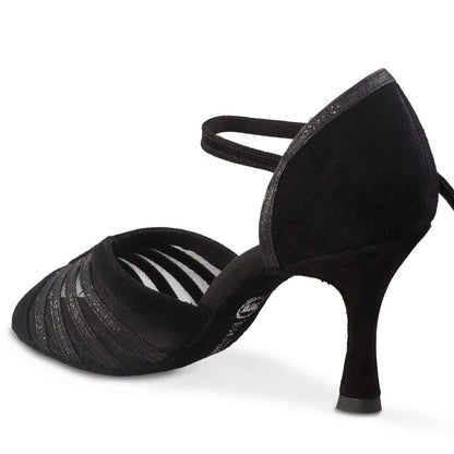 Black R563 dance shoe with soft net, double cushioning, and balanced heel for comfort and flexibility in tango and salsa.