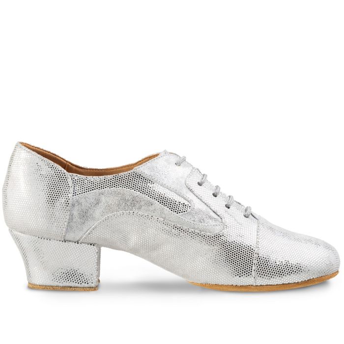 Lightweight silver dance training shoe with soft leather and stable heel, perfect for comfort and flexibility.