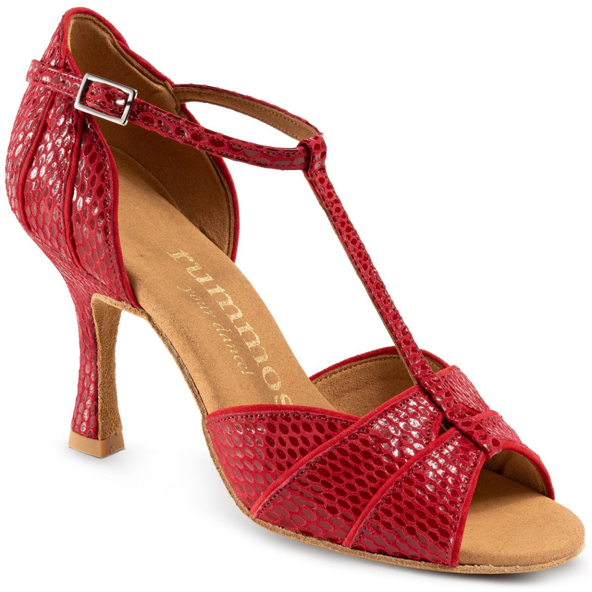 Rummos Leonor-T handgemaakte dansschoenen in rood met T-bar en comfortabele hak, ideaal voor salsa en ballroom.